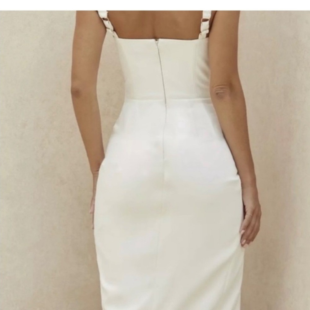 House of CB Omaria Corset Mini Dress SZXS Ivory Draped Satin Slit Back Cutout - Picture 3 of 13